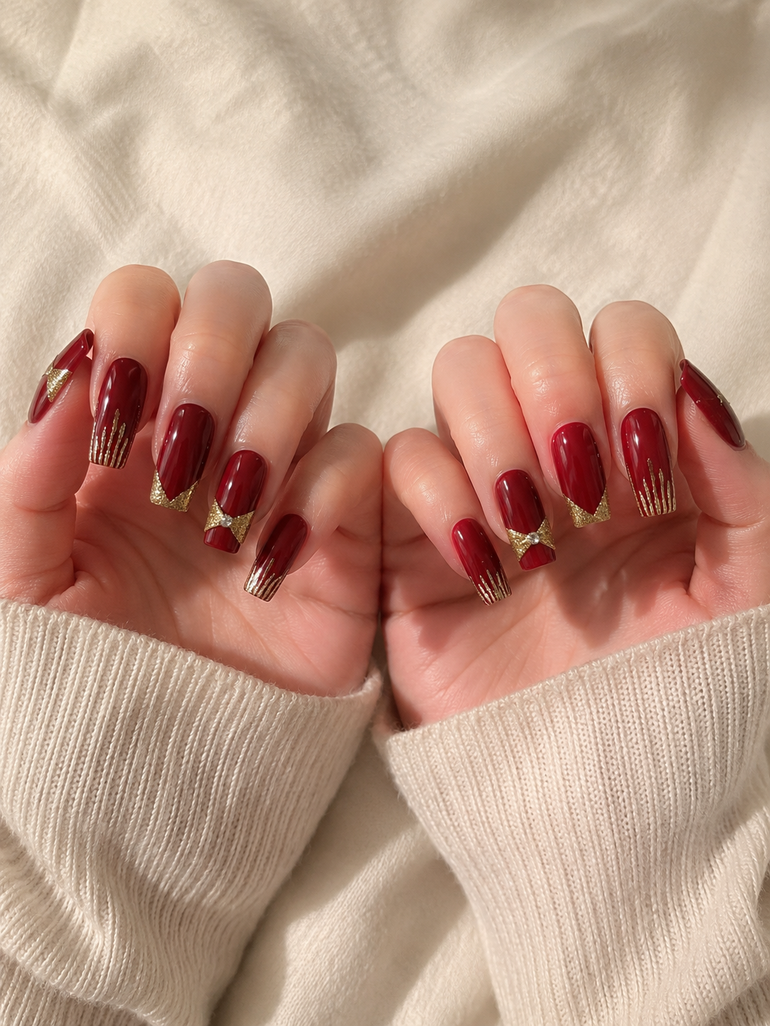Premium Burgundy Glitter Accent False Nails for Women