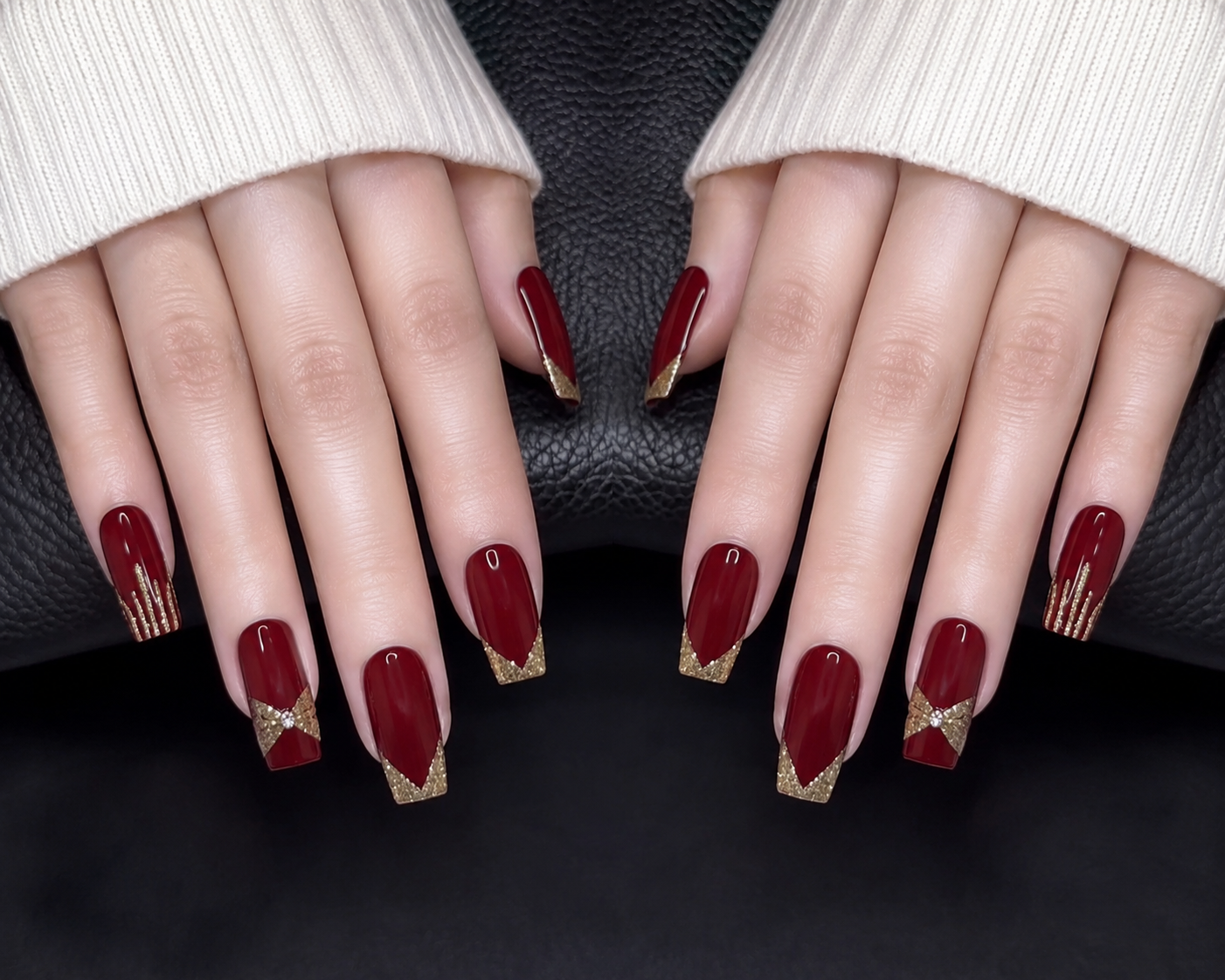 Premium Burgundy Glitter Accent False Nails for Women