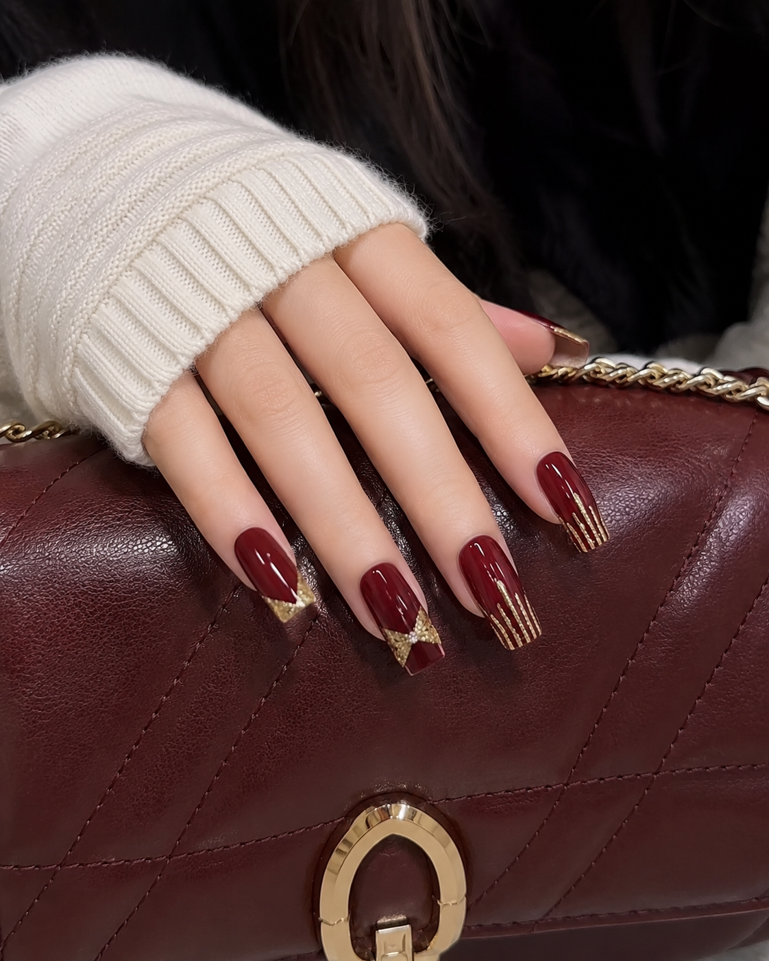 Premium Burgundy Glitter Accent False Nails for Women
