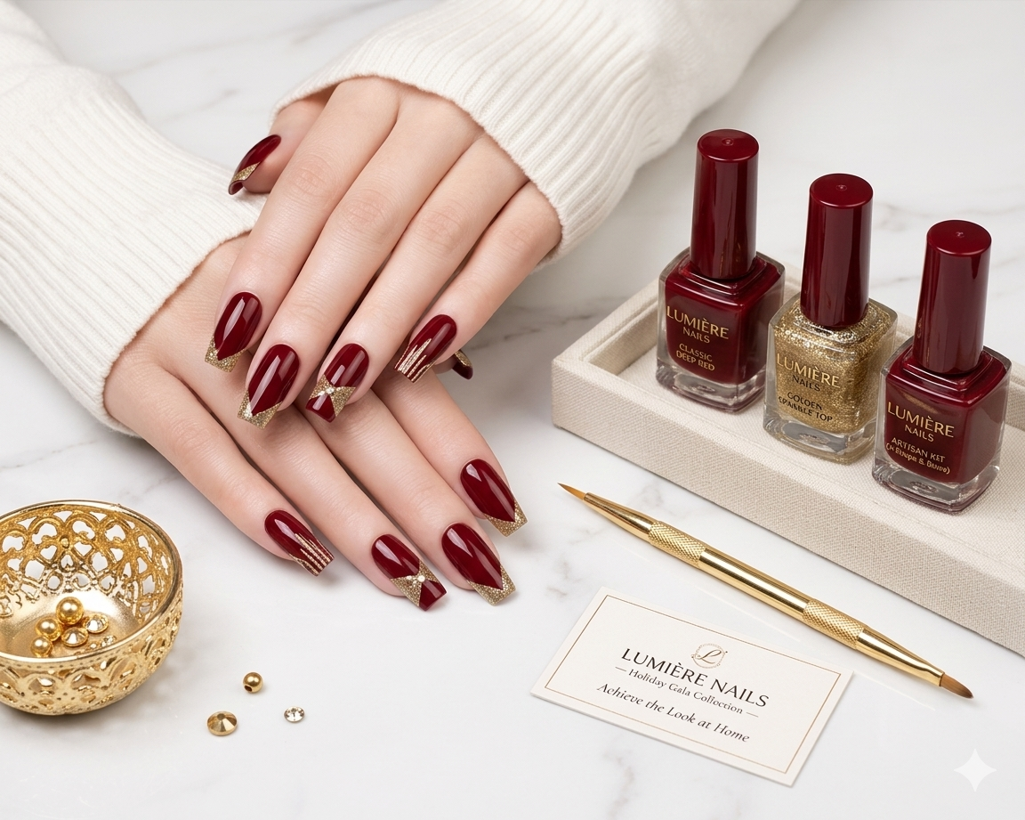 Premium Burgundy Glitter Accent False Nails for Women